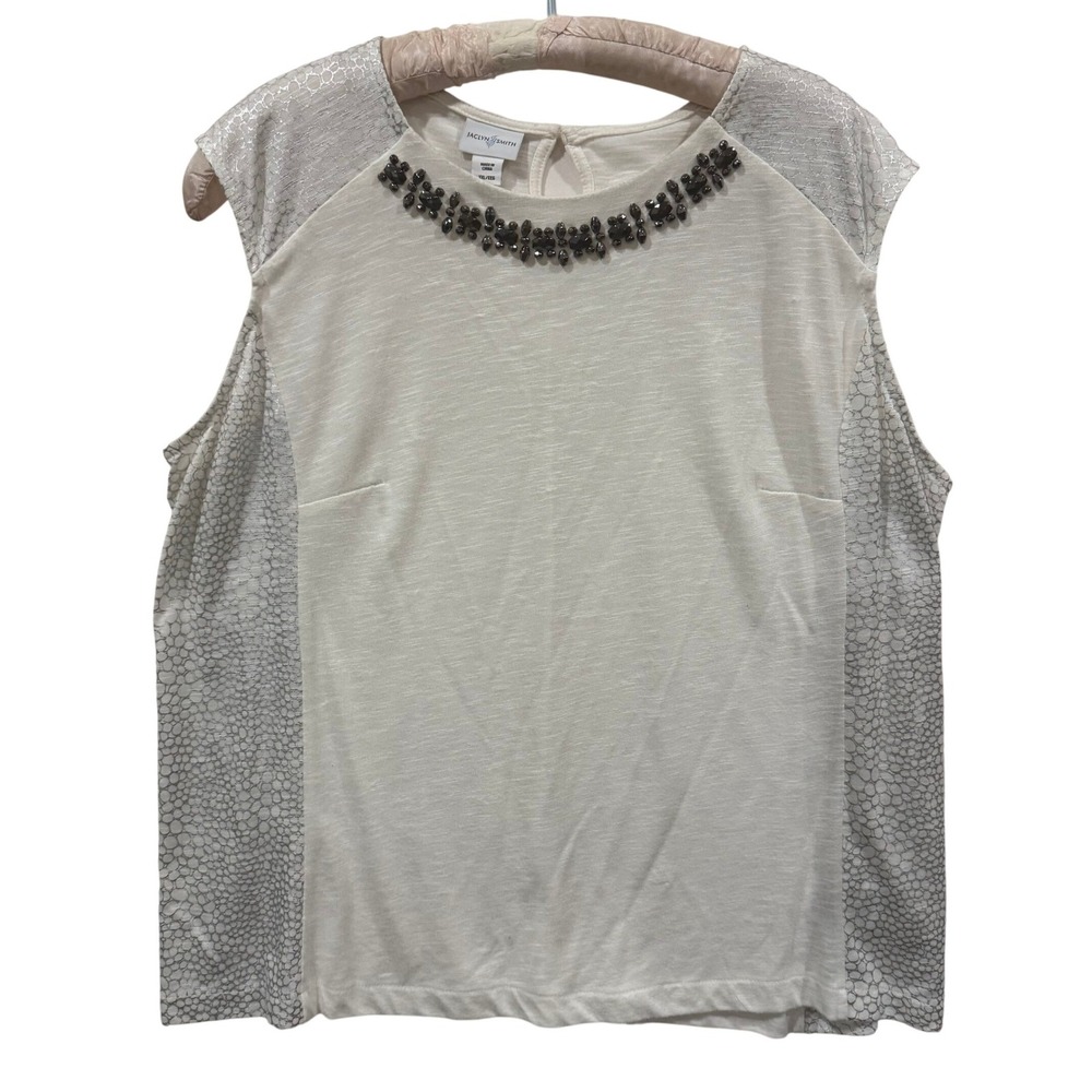Jaclyn Smith XXL Beaded‎ Neckline Metallic Reptile Panel Sleeveless Top Cream